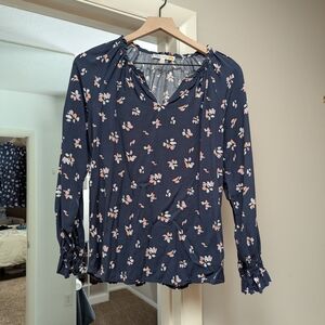 C&C California Blue Ruffled Blouse with Buttoned Sleeves